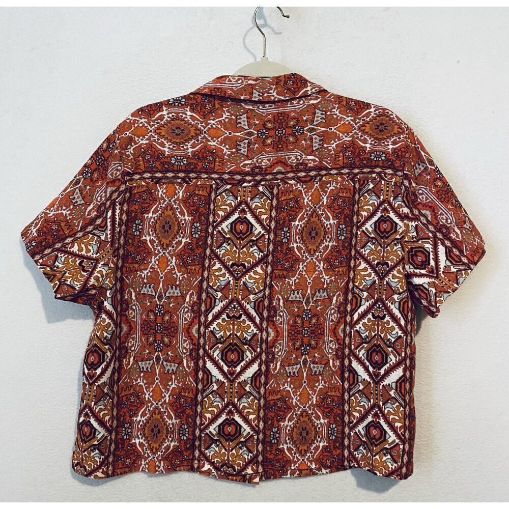 Rachel Zoe Top Womens Large Red Aztec Linen Button Up Boxy Boho Beachy Tribal - Picture 3 of 6